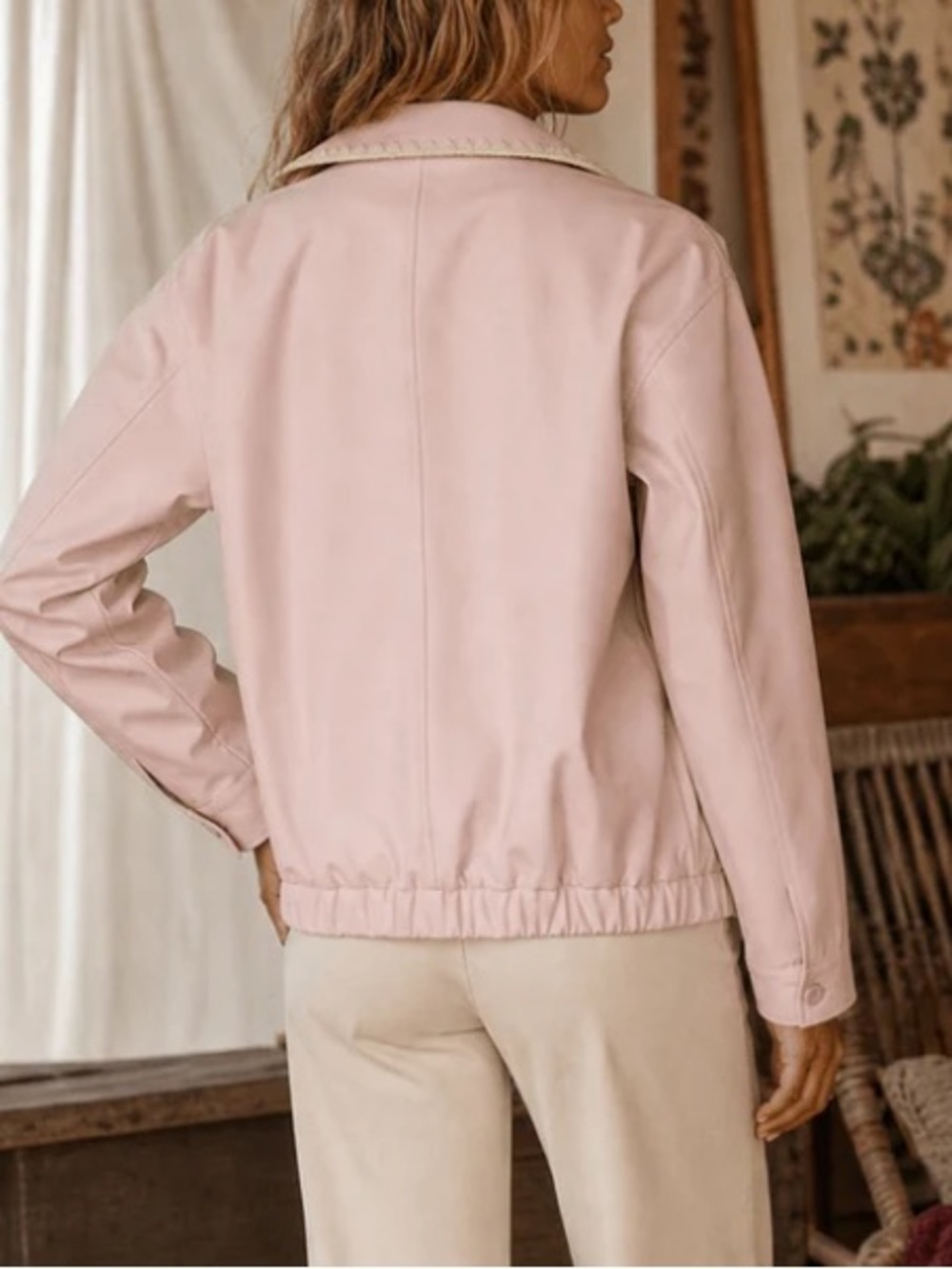 Embroidered Trim Vegan Leather Bomber Jacket in Blush - Picture 3 of 3